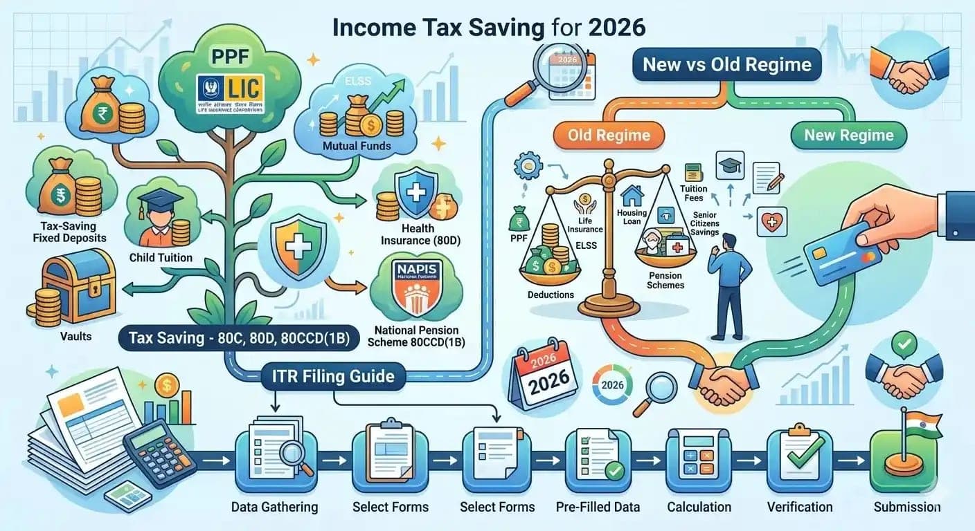 Income Tax Save చేయడం 2026 — 80C, 80D, 80CCD(1B) + New vs Old Regime + ITR Filing Guide